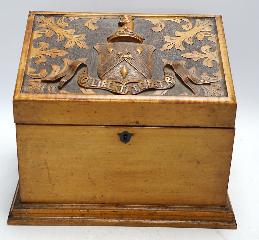 A Victorian carved fruitwood stationery box, 25cm tall. Condition - poor to fair